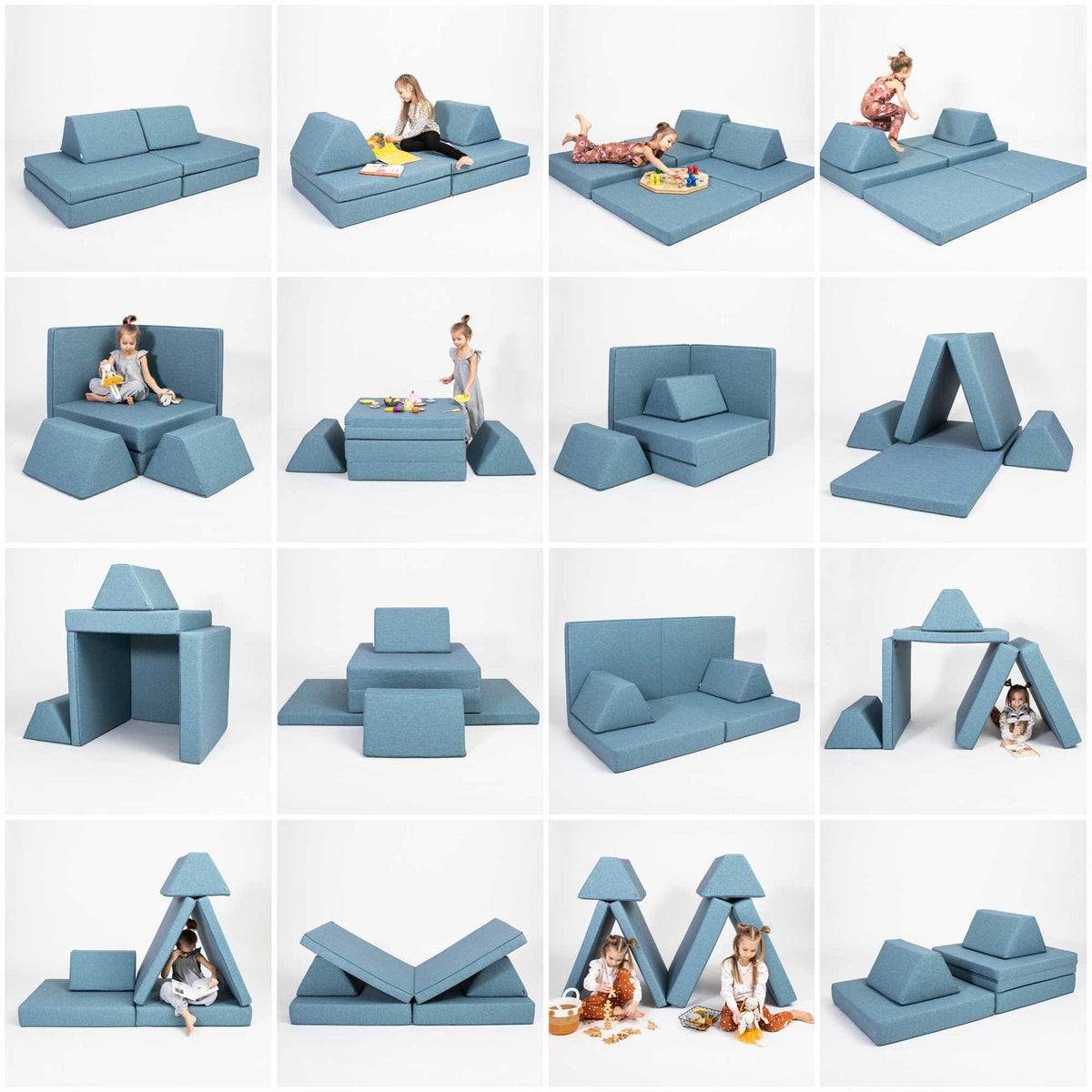 7. Various configurations of turquoise Monboxy play mattress set shown in a grid layout