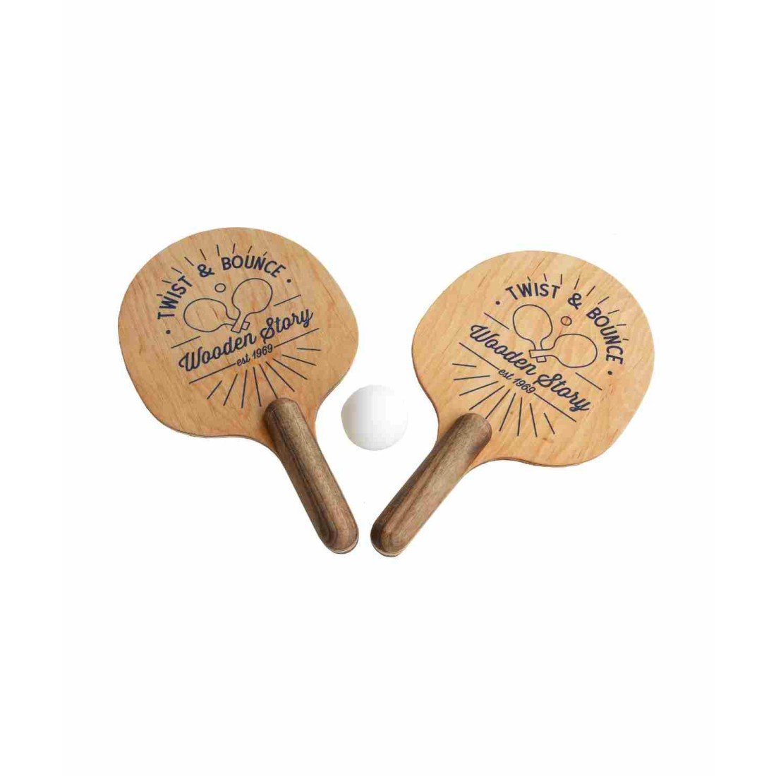 1. Two wooden ping pong paddles with 'Twist & Bounce' and 'Wooden Story' logo, accompanied by a white ball on a white background