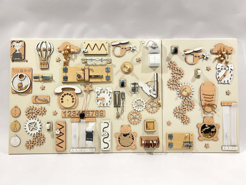 5. Two-piece wall activity panel in beige and white with various interactive elements for children's play, mounted on a white background.