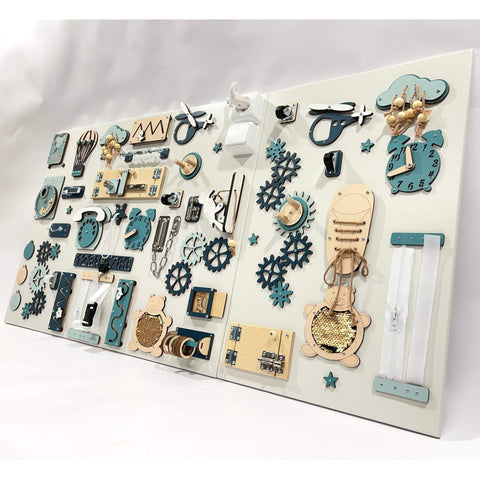3. Angled view of blue and beige two-piece wall activity panel with interactive elements like gears and locks for children's play.