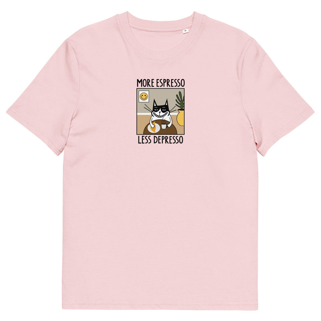3. Studio shot of pink unisex T-shirt with 'More Espresso Less Depresso' print, front view