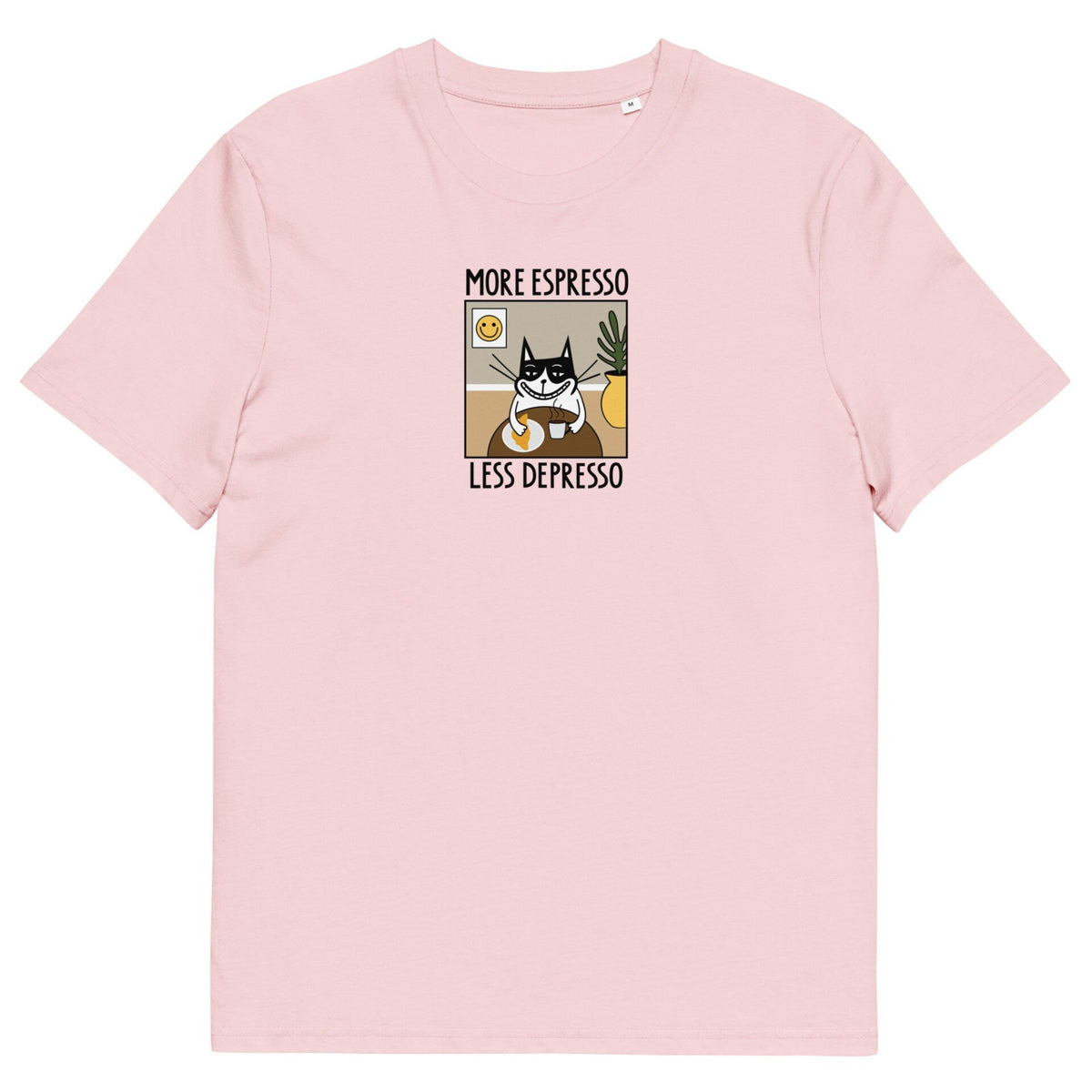 3. Studio shot of pink unisex T-shirt with 'More Espresso Less Depresso' print, front view