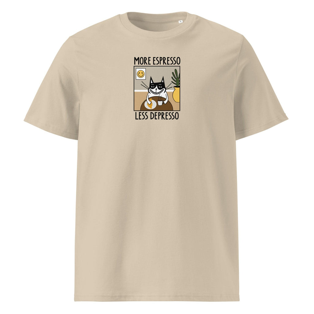 4. Studio shot of beige unisex T-shirt with 'More Espresso Less Depresso' print, front view