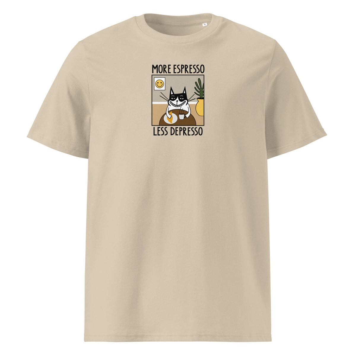 4. Studio shot of beige unisex T-shirt with 'More Espresso Less Depresso' print, front view