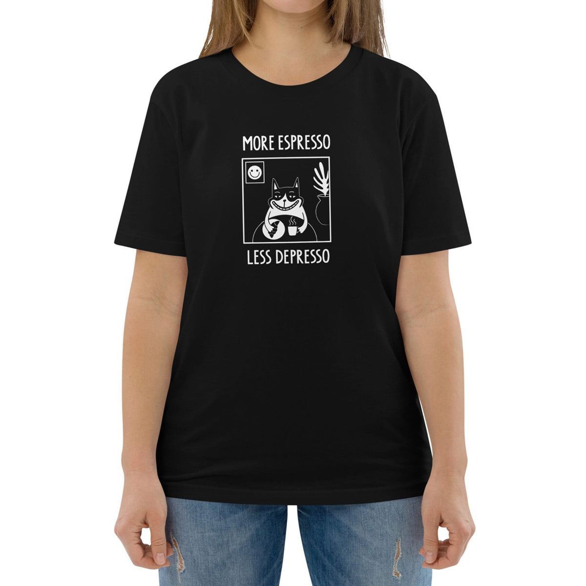 2. Woman wearing black unisex T-shirt with 'More Espresso Less Depresso' print, standing against white background