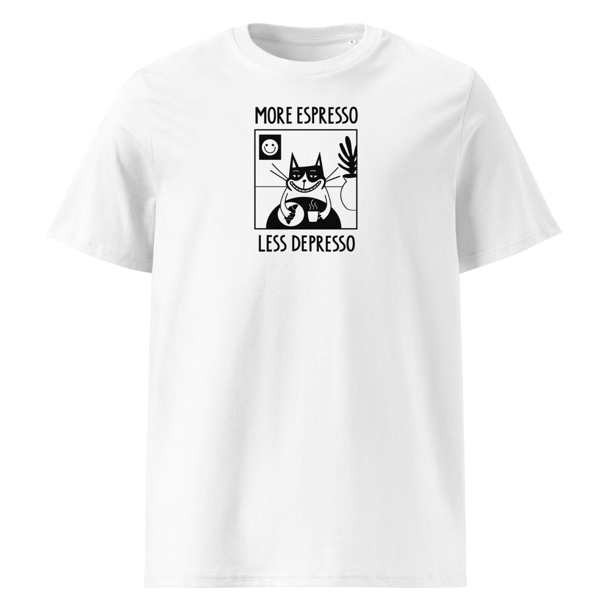 7. Studio shot of white unisex T-shirt with 'More Espresso Less Depresso' print, front view