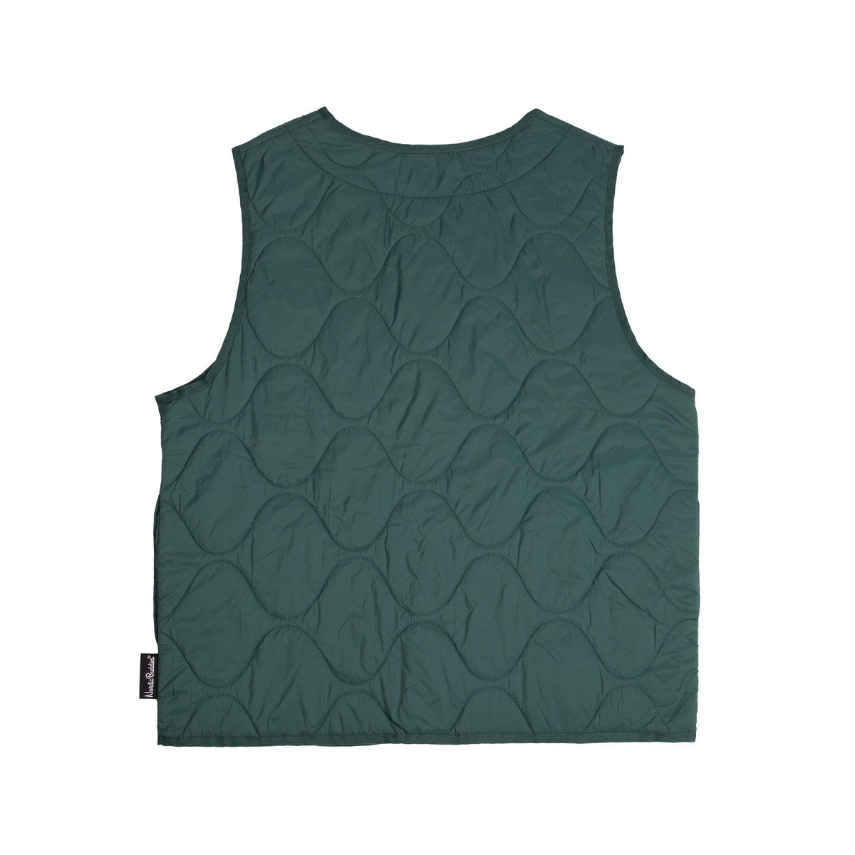 4. Back view of green unisex vest with quilted pattern on white background