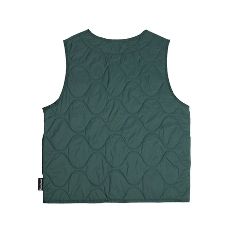 4. Back view of green unisex vest with quilted pattern on white background