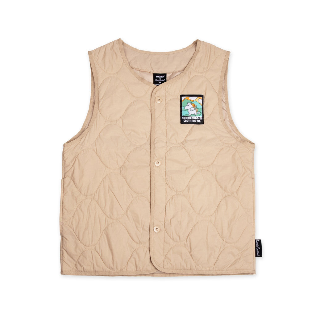 2. Beige unisex vest with Moomintroll patch by NordicBuddies, shown front view on white background