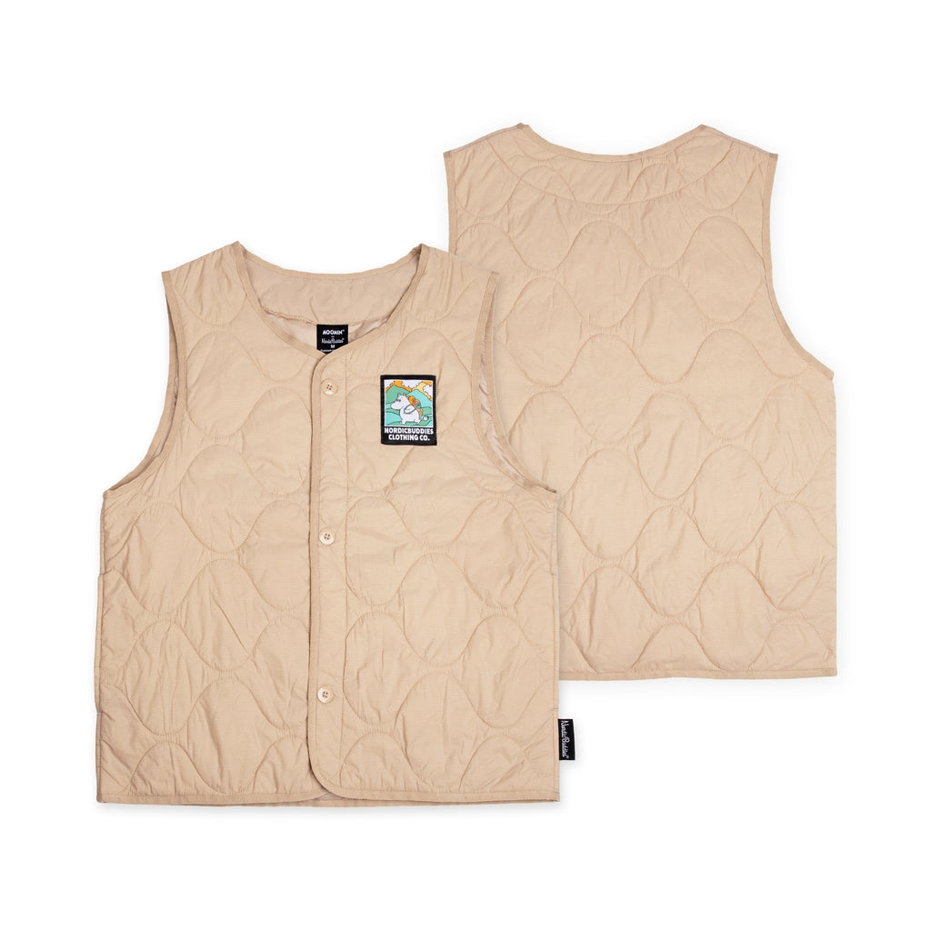 4. Front and back view of beige unisex vest with Moomintroll patch by NordicBuddies on white background