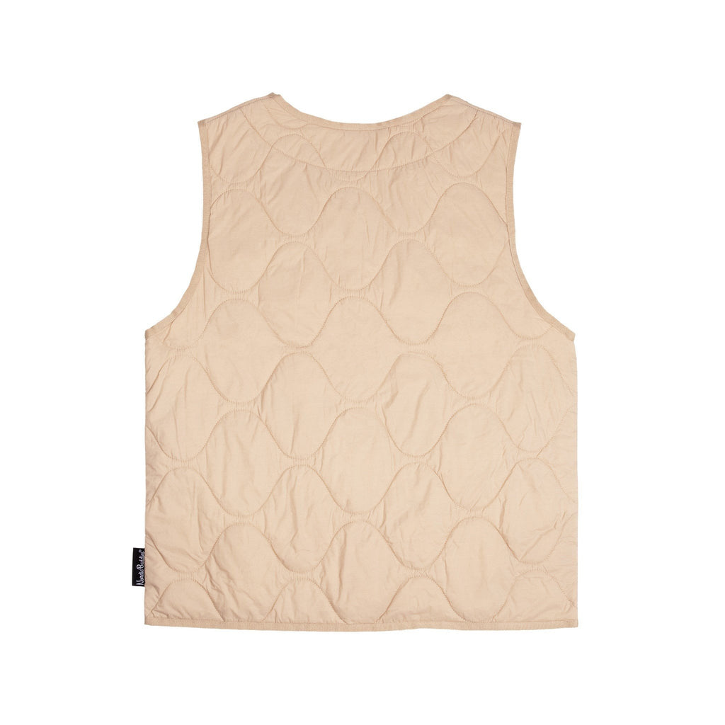4. Back view of beige unisex vest with quilted texture by NordicBuddies on white background