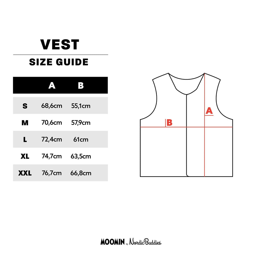 5. Size chart for unisex vest showing measurements for sizes S to XXL in centimeters