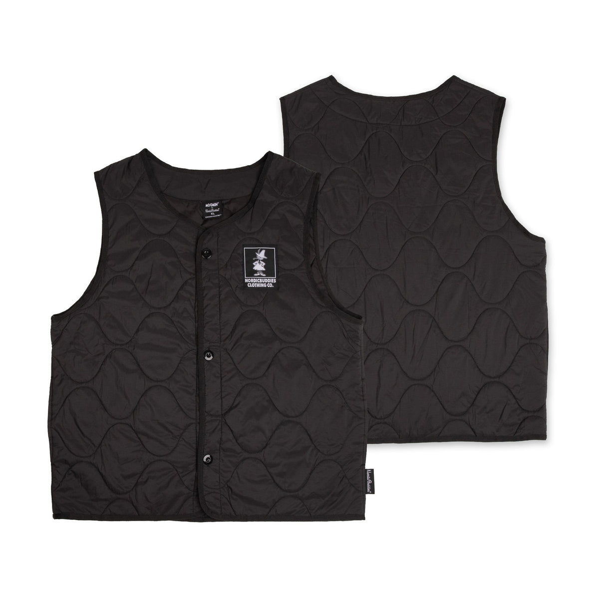 5. Front and back view of unisex black vest with wave quilting and NordicBuddies logo, on white background