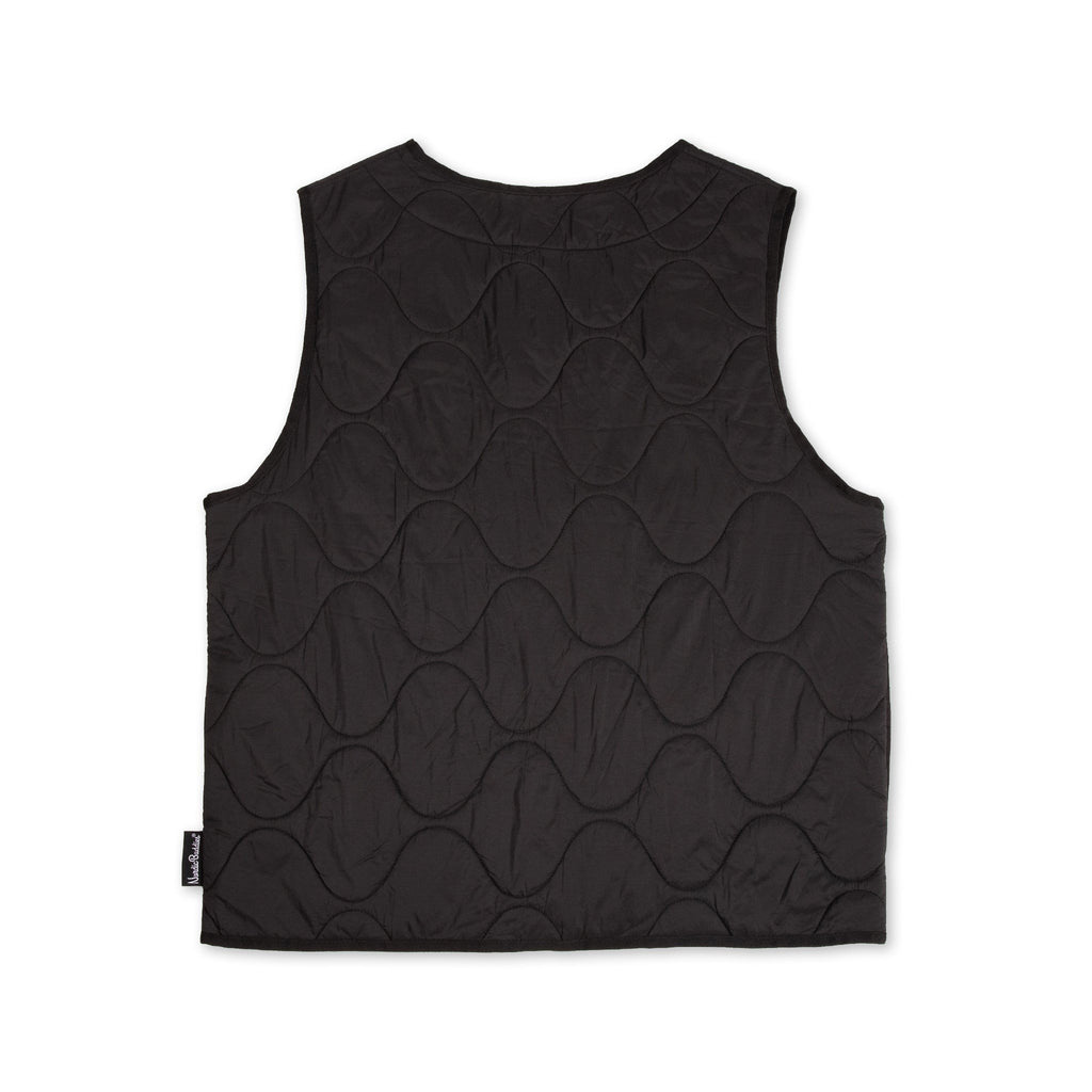 2. Back view of unisex black vest with wave pattern quilting, displayed on clean white background