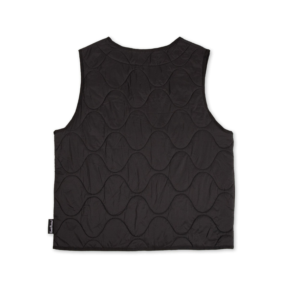 2. Back view of unisex black vest with wave pattern quilting, displayed on clean white background