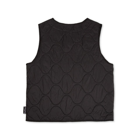 2. Back view of unisex black vest with wave pattern quilting, displayed on clean white background