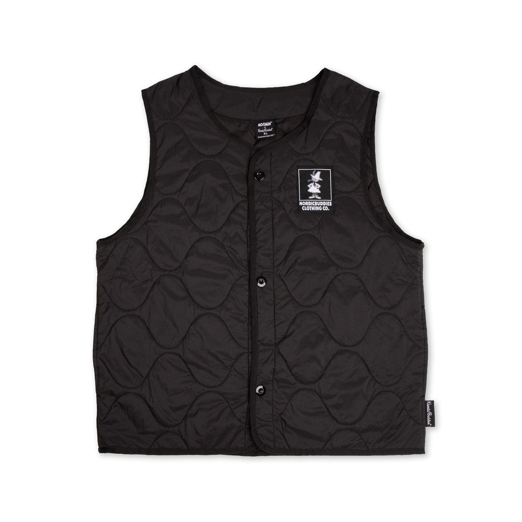 1. Unisex black vest with NordicBuddies logo on chest, shown on male model wearing white shirt and jeans in studio setting
