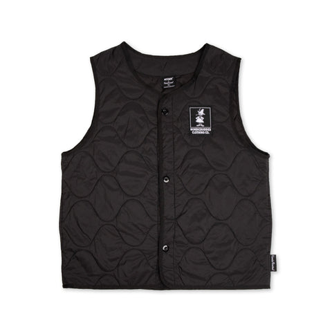 1. Unisex black vest with NordicBuddies logo on chest, shown on male model wearing white shirt and jeans in studio setting