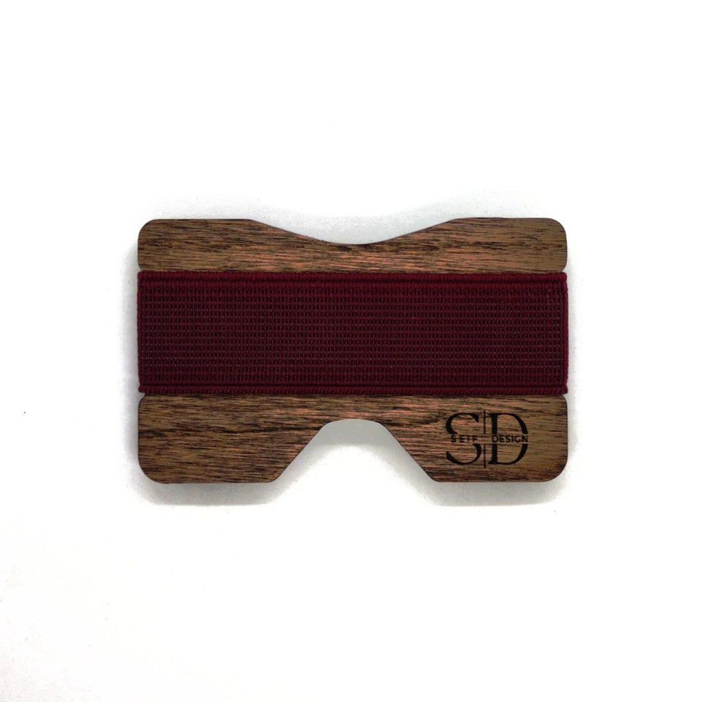 6. Oak card holder with purple elastic band and Seif Design logo on white background