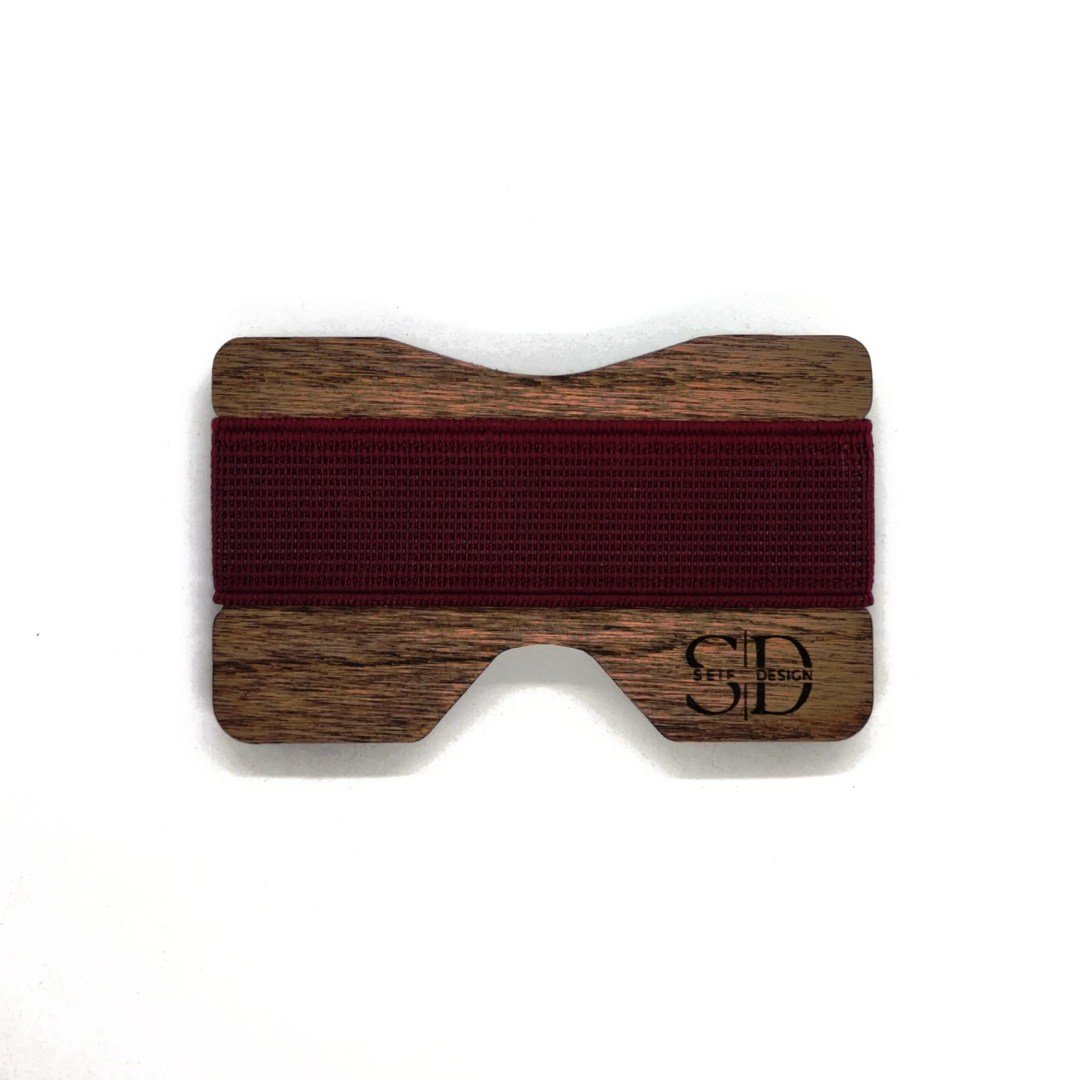6. Oak card holder with purple elastic band and Seif Design logo on white background