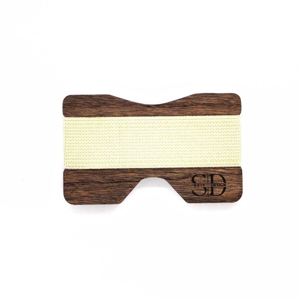 1. Oak card holder with white elastic band and Seif Design logo on white background