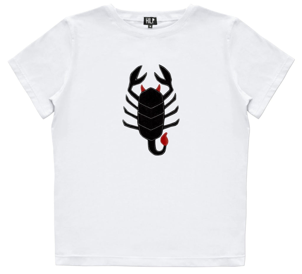 2. Women's Scorpio T-shirt by HILP in white, showcasing a black scorpion design, studio shot
