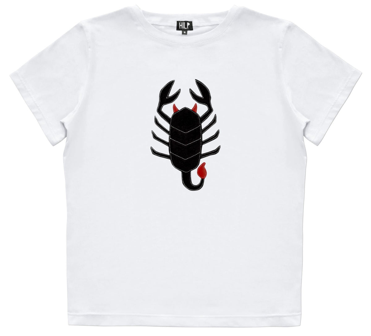 2. Women's Scorpio T-shirt by HILP in white, showcasing a black scorpion design, studio shot