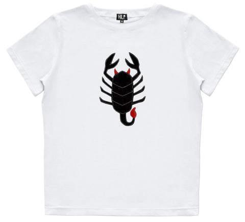 2. Women's Scorpio T-shirt by HILP in white, showcasing a black scorpion design, studio shot