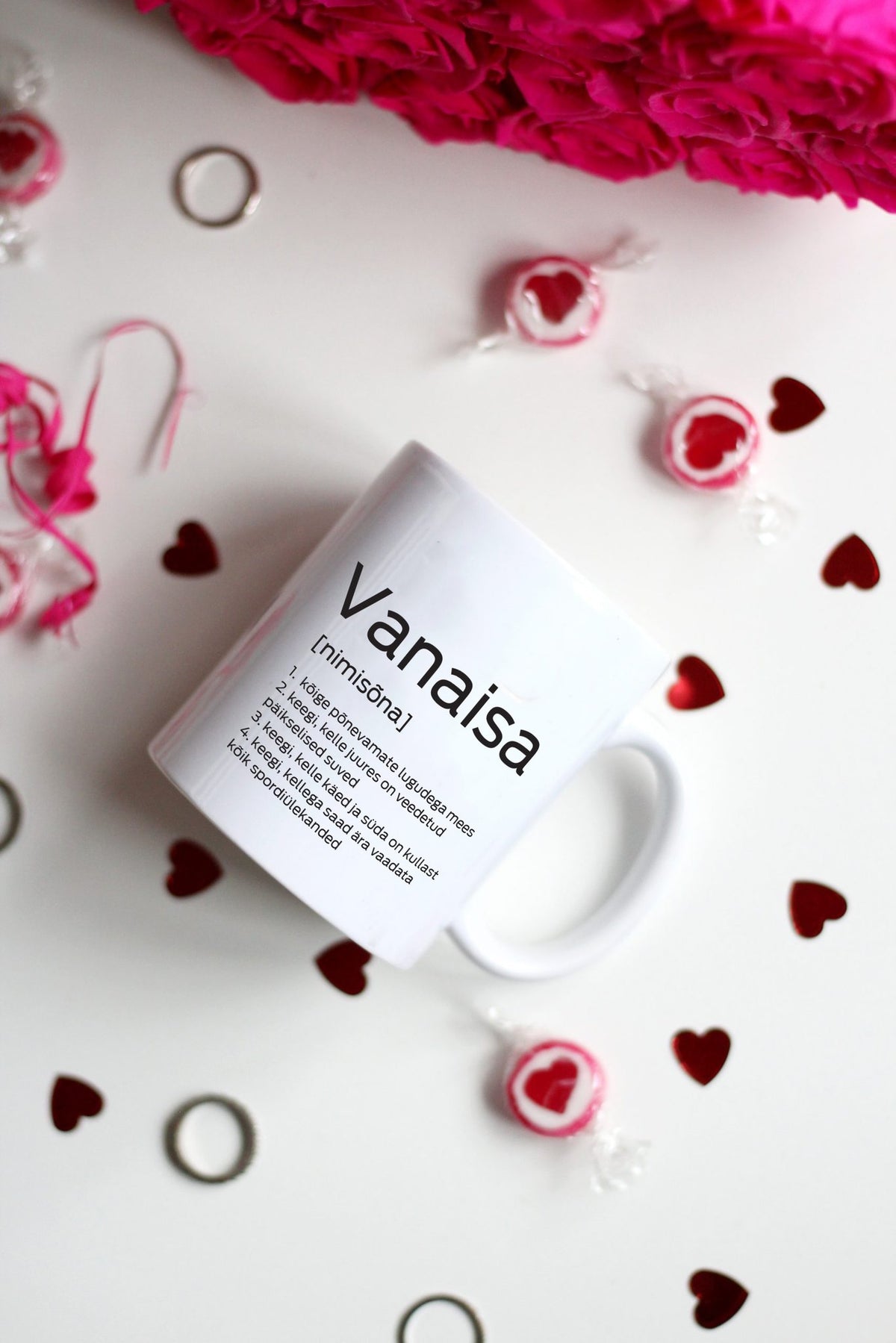 1. SEIK designer mug 'Vanaisa' with definition text, surrounded by heart-shaped decorations, perfect for gifting grandfathers