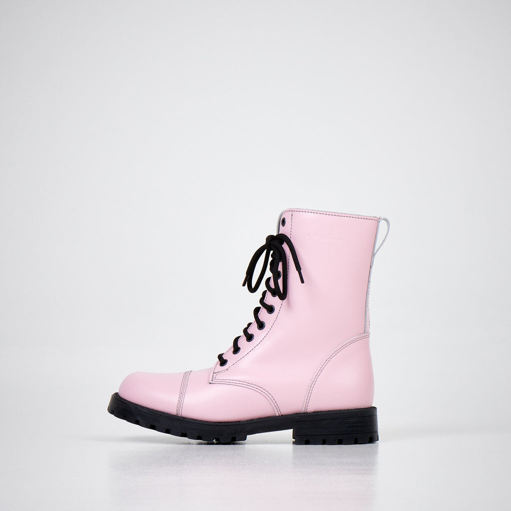 1. Women's 511 Pink boots by Samelin in studio, side view showing water-repellent natural leather and black laces