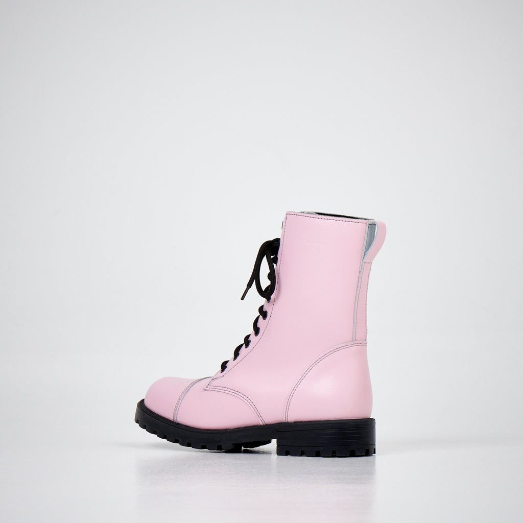 3. Women's 511 Pink boots by Samelin in studio, side view from back showing light textile lining