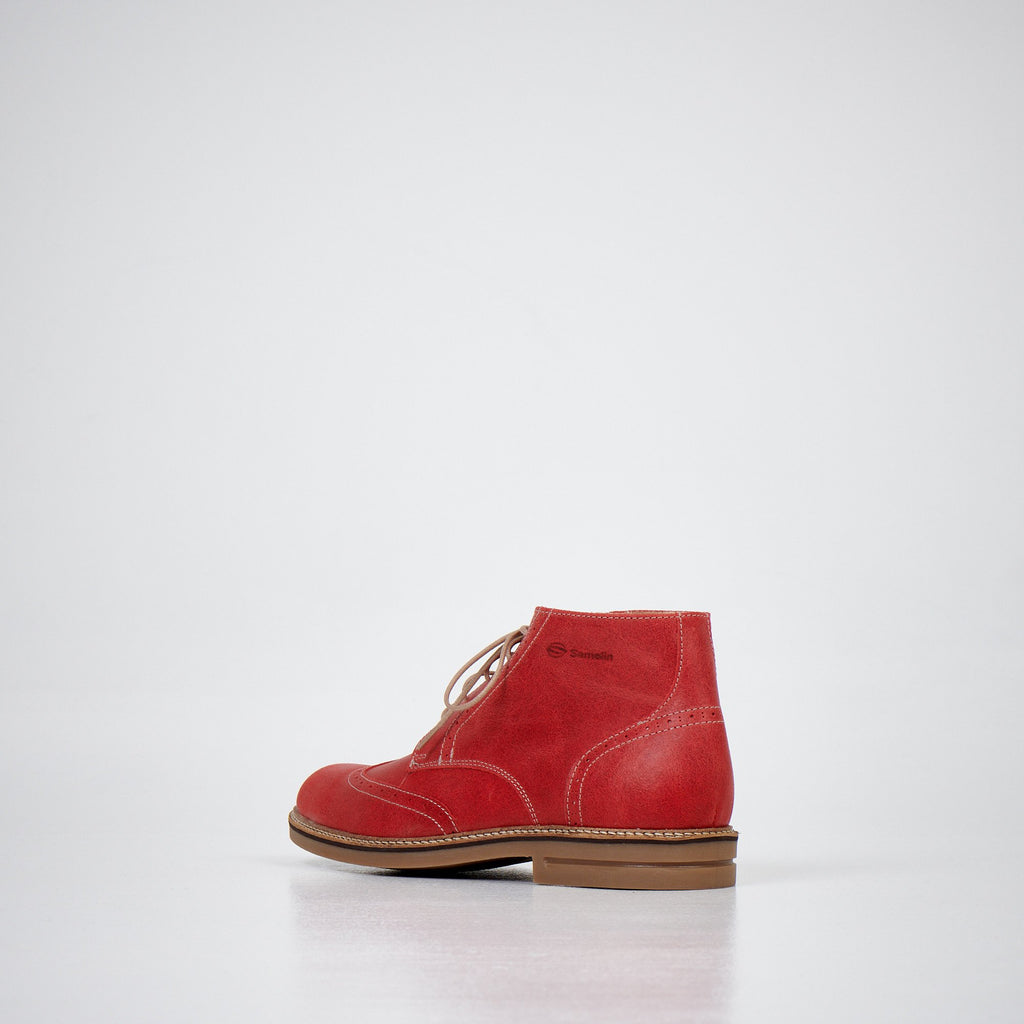 2. Side view of Samelin Red Ankle Boots 424 highlighting decorative stitching and medium-width fit