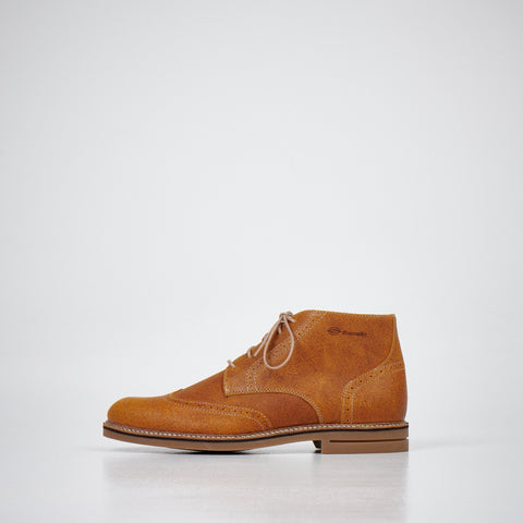 1. Men's light brown ankle boots by Samelin in studio, side view showing dyed natural leather and decorative stitching