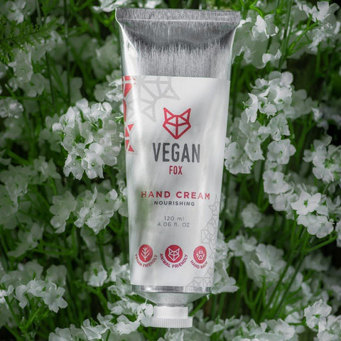 3. Vegan Fox Nourishing Hand Cream, 120 ml, displayed against a red background in studio setting