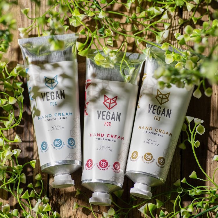 6. Trio of Vegan Fox hand creams, including Protective, Moisturising, and Nourishing, styled with greenery