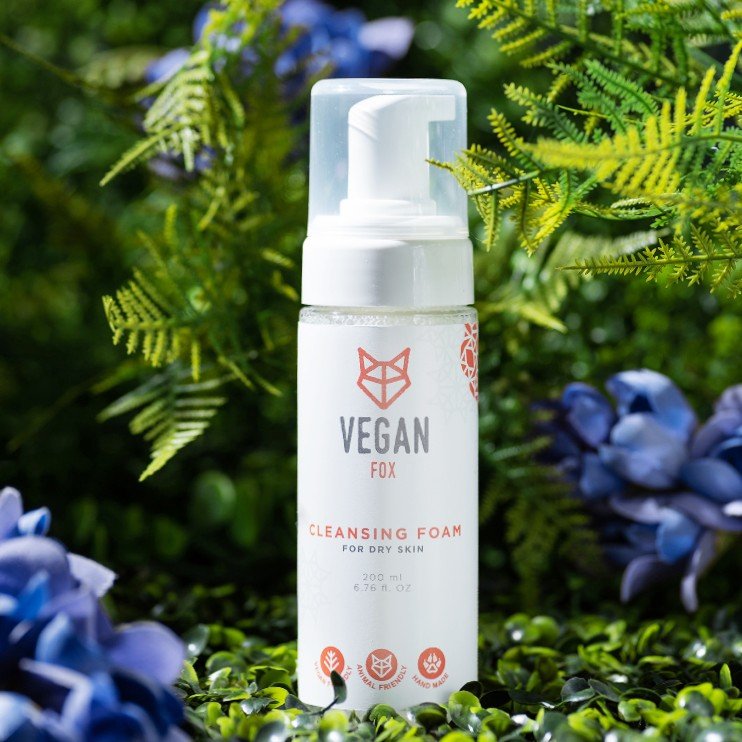 4. Vegan Fox Cleansing Foam for Dry Skin, 200 ml, surrounded by greenery and flowers