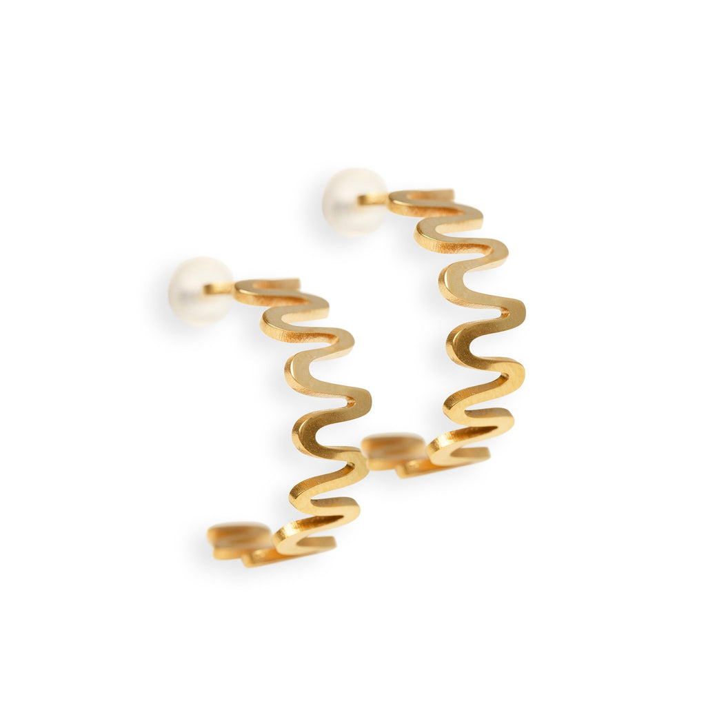 2. Studio shot of Lentsius Vena Sunlit earrings with wavy design in polished gold-tone stainless steel and soft silicone backing