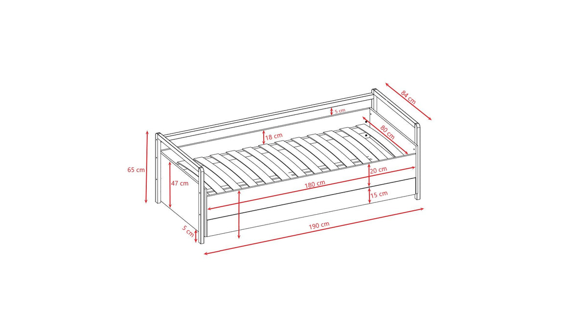 5. Size chart for Victor daybed with drawers showing dimensions in centimeters