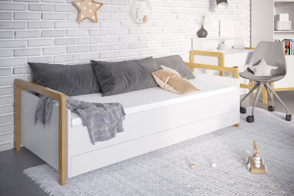 1. Victor daybed with drawers in a stylish kids' room with grey and beige decor, highlighting its versatility
