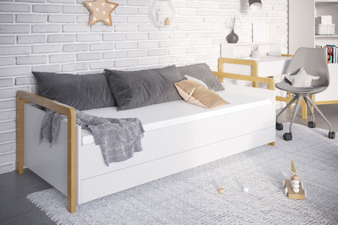 1. Victor daybed with drawers in a stylish kids' room with grey and beige decor, highlighting its versatility