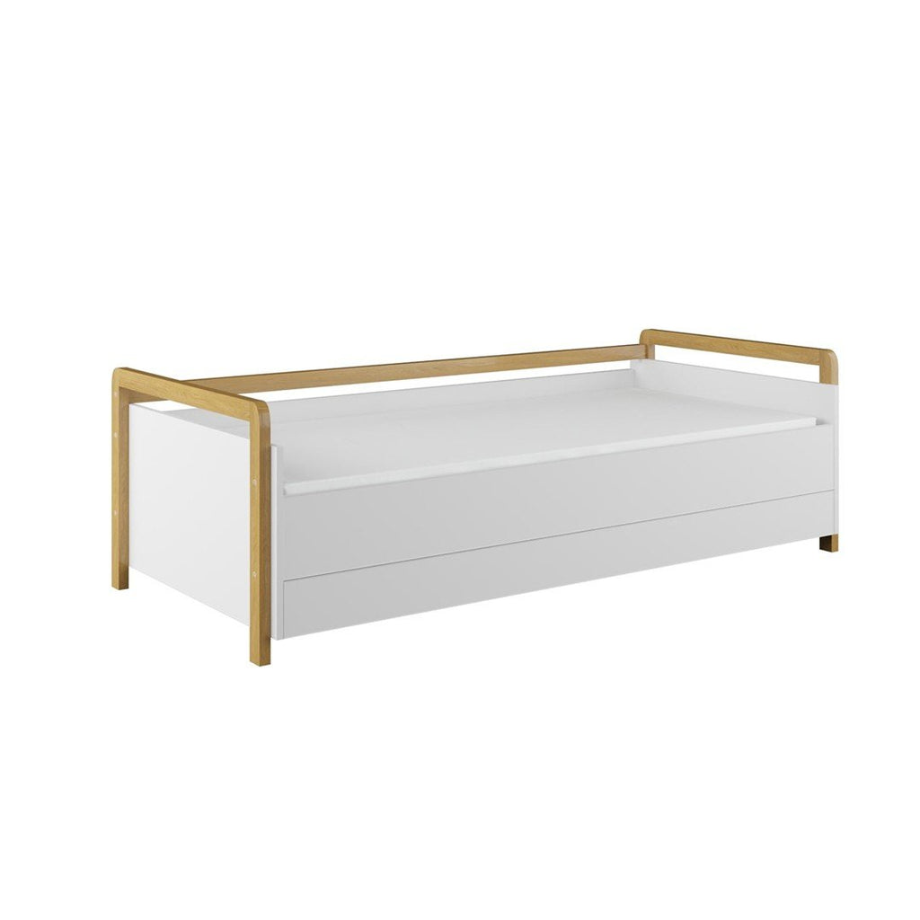 2. Studio shot of Victor daybed with drawers featuring white surfaces and oak wood accents, highlighting Scandinavian design
