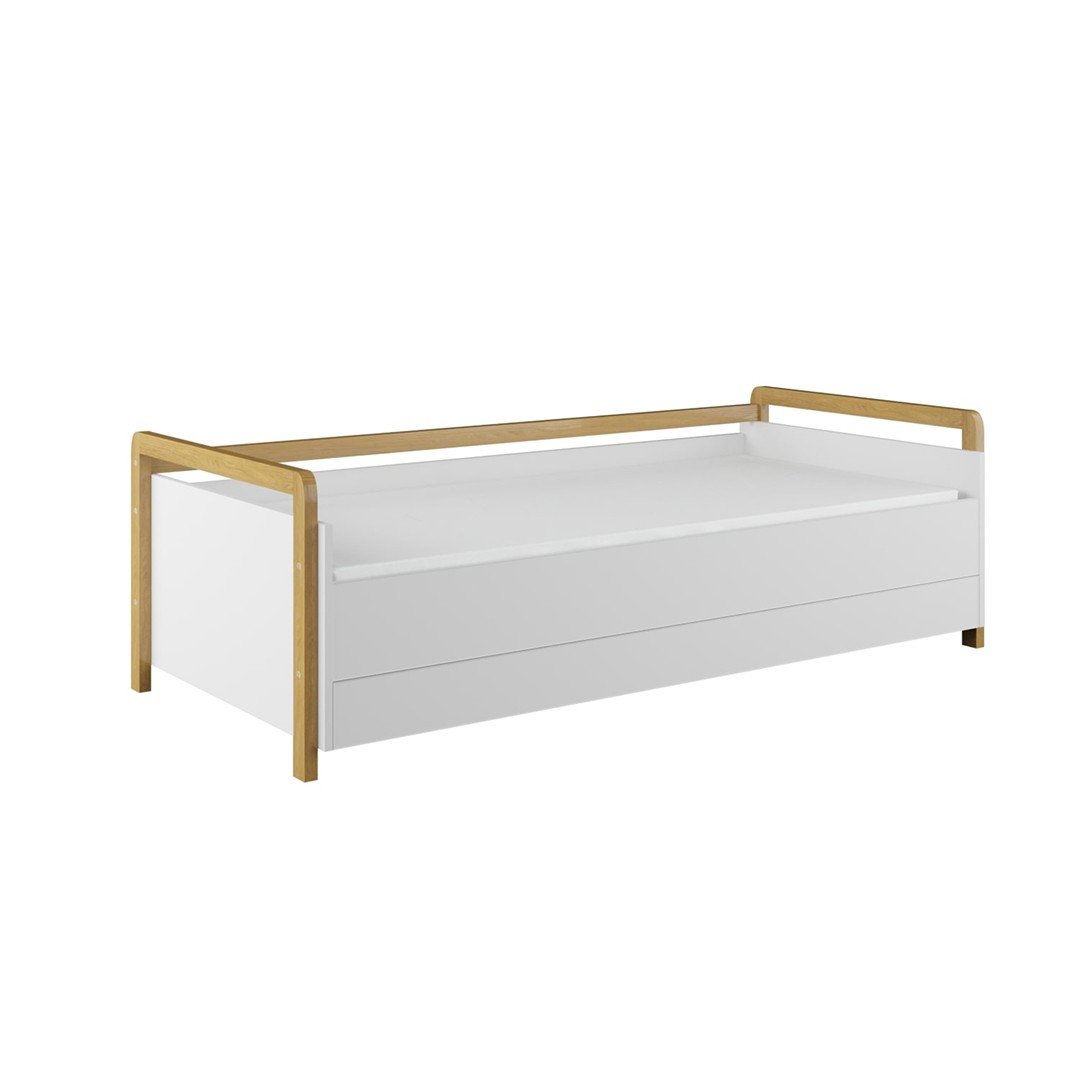2. Studio shot of Victor daybed with drawers featuring white surfaces and oak wood accents, highlighting Scandinavian design
