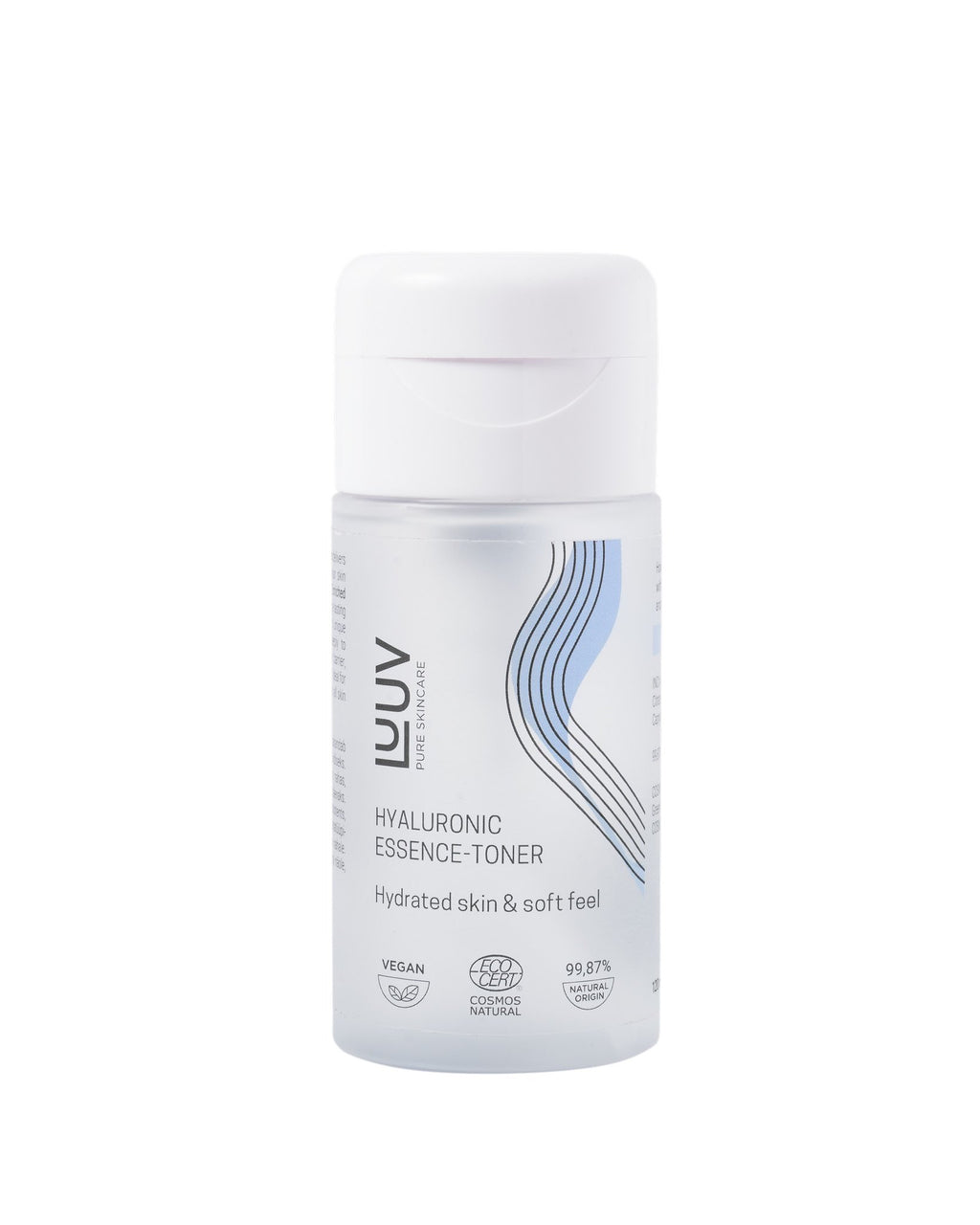 2. LUUV Hyaluronic Essence-Toner bottle with white cap on white background, showing vegan and COSMOS Natural certification