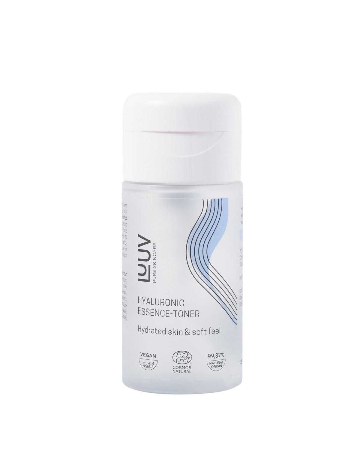 2. LUUV Hyaluronic Essence-Toner bottle with white cap on white background, showing vegan and COSMOS Natural certification