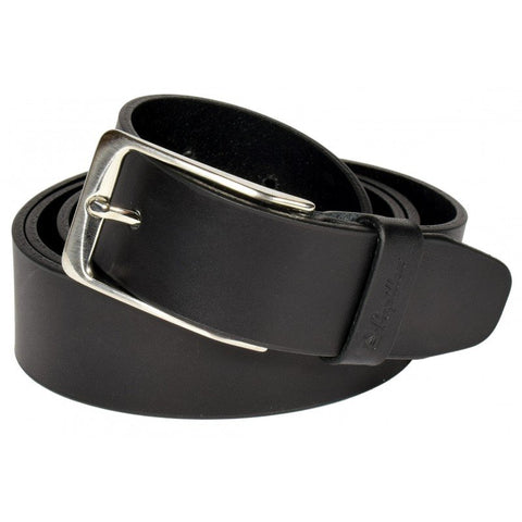 2. Men's black leather belt by Papillon, with a silver buckle, displayed coiled in studio setting