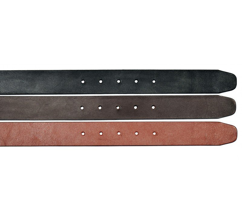 3. Flat lay of Papillon men's leather belts in black, dark brown, and cognac, showing hole details