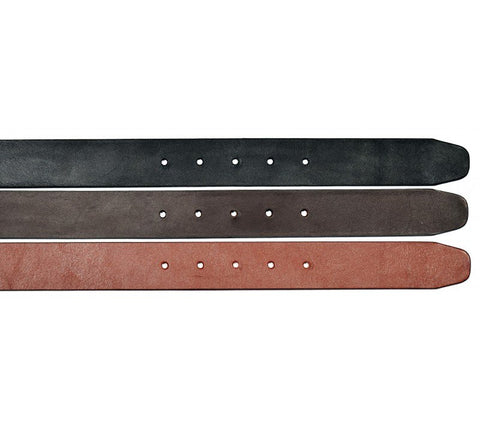 3. Flat lay of Papillon men's leather belts in black, dark brown, and cognac, showing hole details