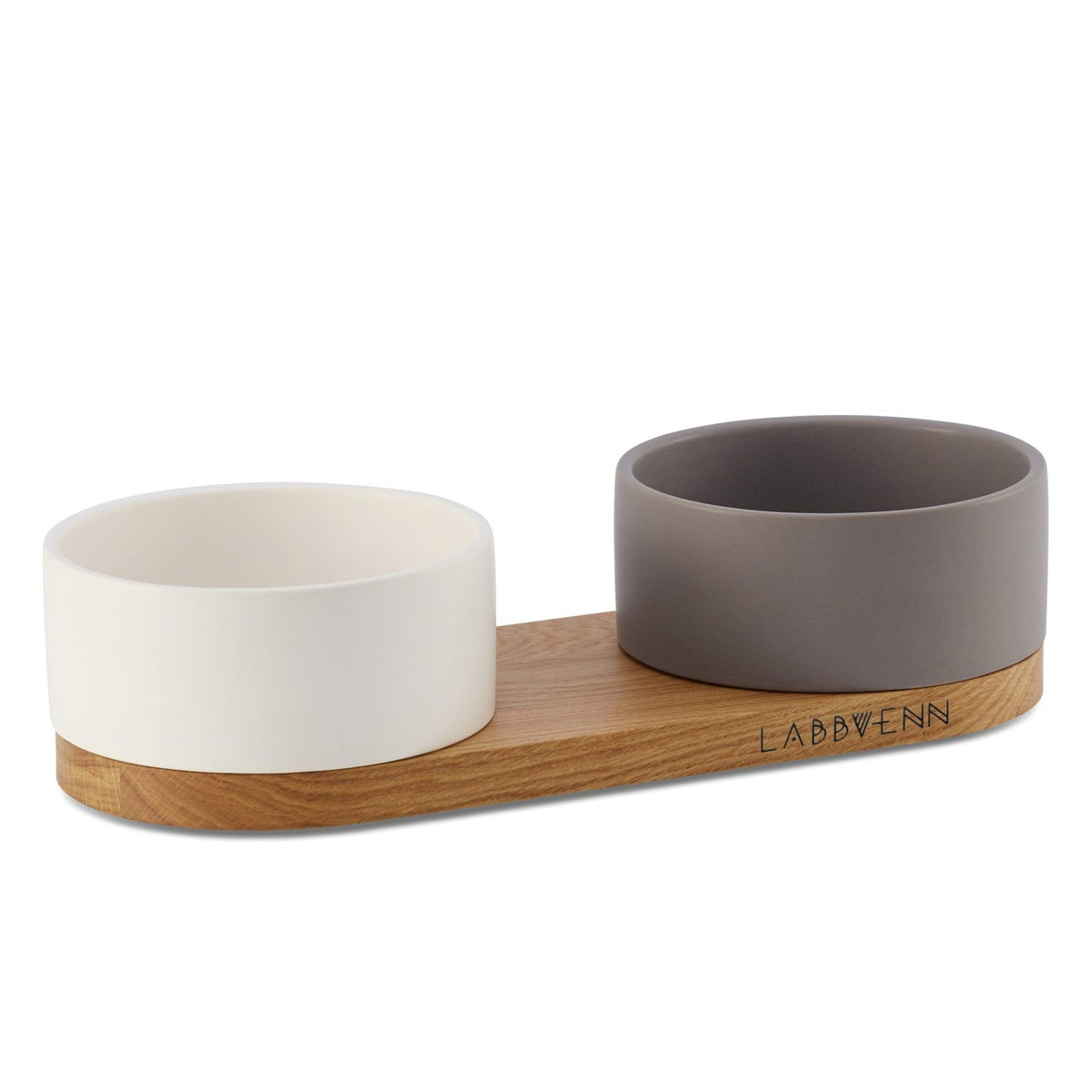 2. Labbvenn Vuku ceramic double buffet with white and cocoa bowls on oak wood base, ideal for pet feeding and watering, shown in studio setting highlighting design and material quality