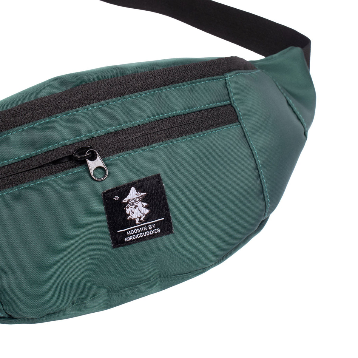 4. Close-up of green Moomin waist bag by NordicBuddies highlighting logo and zipper detail