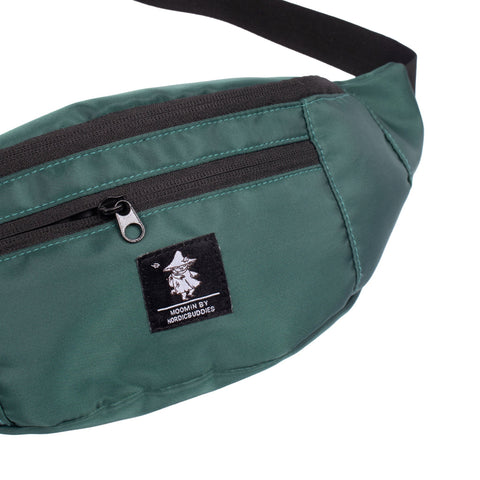 4. Close-up of green Moomin waist bag by NordicBuddies highlighting logo and zipper detail